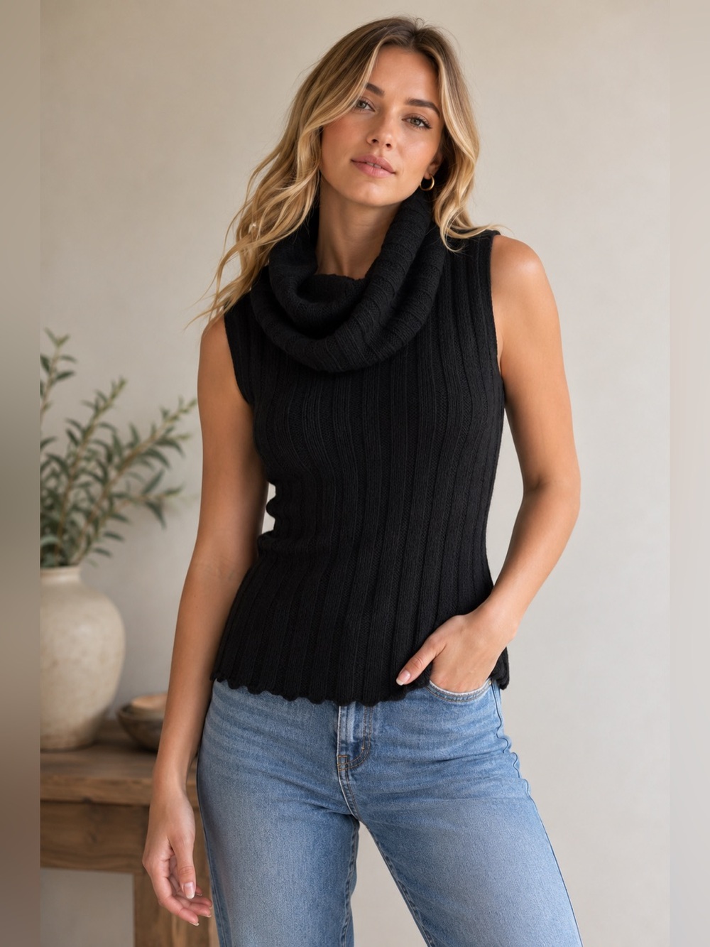 Vintage Kate Hill Black Wool Cashmere Sleeveless Cowl Neck Sweater Top L